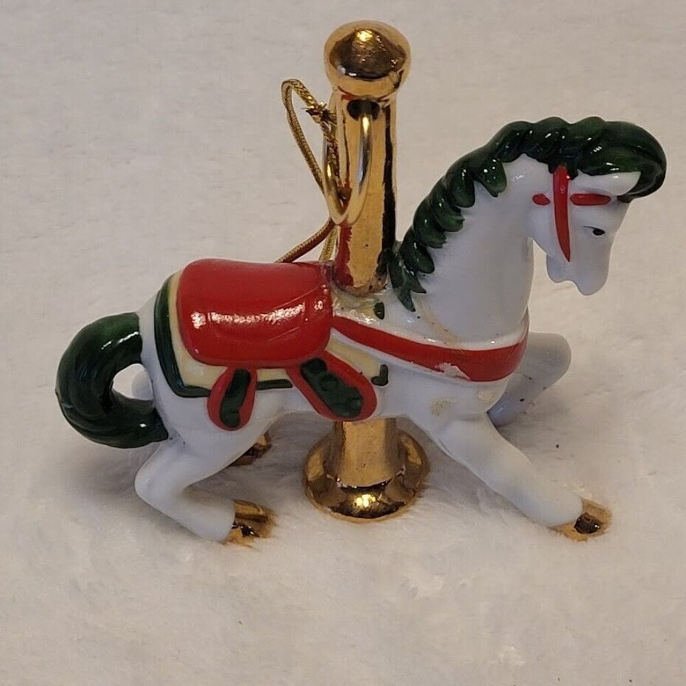 Vintage Carousel Horse Ornament White Red Green Gold Trim Holiday Decor - Picture 2 of 8